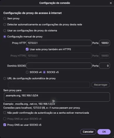 Janela Configuração de conexão com exceções em Sem proxy para e o botão OK