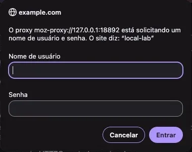 Janela do Firefox pedindo nome de usuário e senha do proxy
