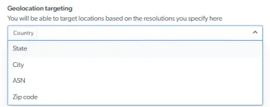 Menu a tendina geolocation residenziale di Bright Data con targeting Country, State, City, ASN e Zip code