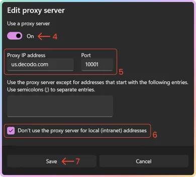 Окно ручной настройки прокси в Windows 11 на английском: включённый переключатель, адрес, порт, исключения и кнопка Save