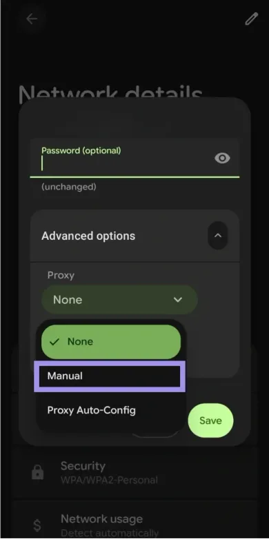 Список режимов прокси на Android в английском интерфейсе: None, Manual и Proxy Auto-Config