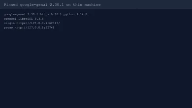 Pinned google-genai 2.30.1, httpx 0.28.1, Python 3.14.6, LibreSSL 3.3.6
