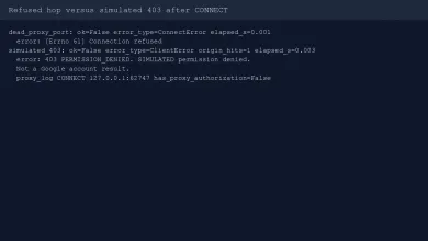 Connection refused on a dead port versus simulated 403 after CONNECT