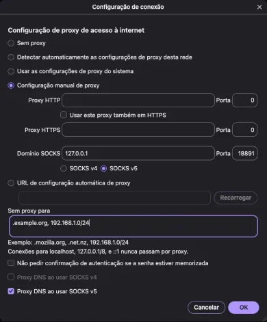 Configuração SOCKS5 com exceções em Sem proxy para e o botão OK
