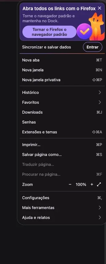 Menu do Firefox com o item Configurações