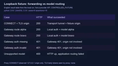 English result table from the loopback fixture: CONNECT forwarding versus gateway model routing.