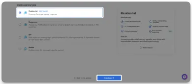 Schermata Choose proxy type di Bright Data con Residential selezionato, descritto come IP a rotazione dei dispositivi di persone reali, accanto a un pannello Residential key-features che elenca sessioni sticky e a rotazione