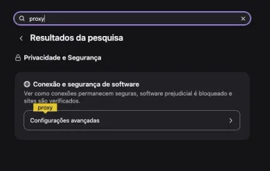Busca por proxy nas configurações do Firefox, com o resultado Configurações avançadas