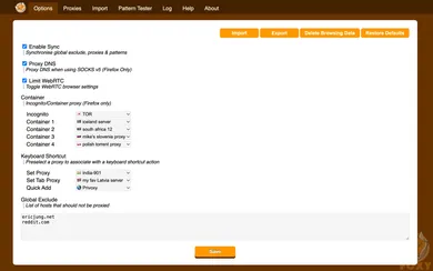 Вкладка Options: Proxy DNS для Firefox и Limit WebRTC