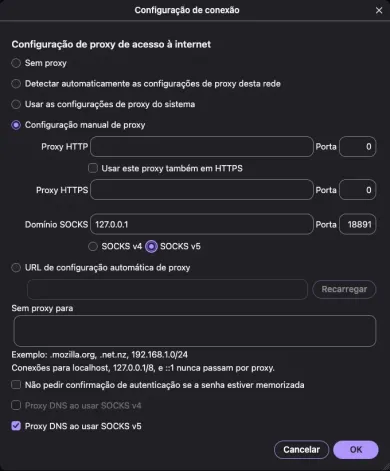 Configuração manual com Domínio SOCKS, SOCKS v5 e Proxy DNS ao usar SOCKS v5 marcados