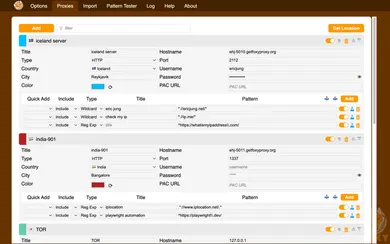 Вкладка Proxies в FoxyProxy Standard: кнопка Add, поля Hostname, Port, Username и Password