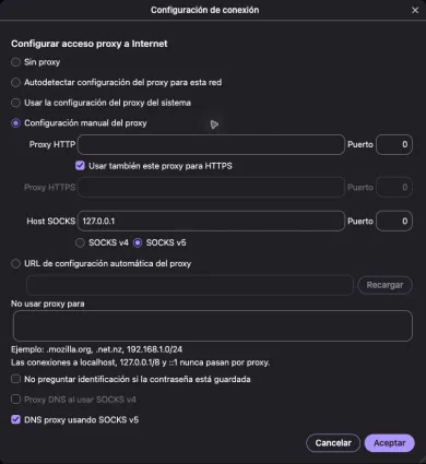 Ventana Configuración de conexión con Configuración manual del proxy seleccionada