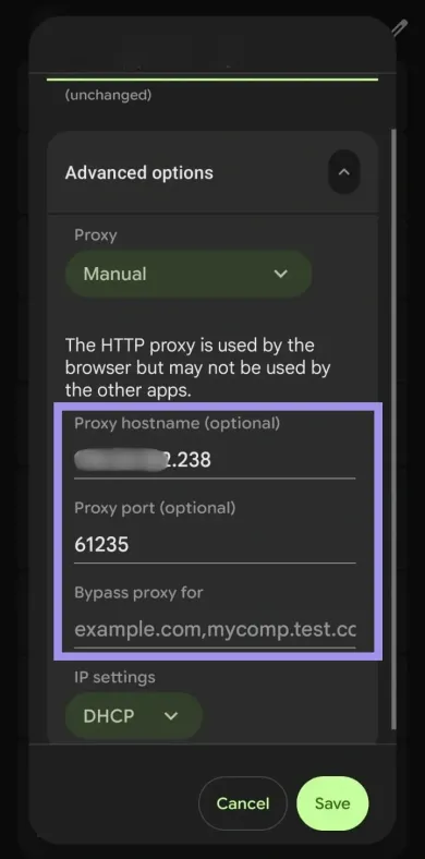 Форма ручной настройки прокси на Android: поля имени хоста, порта и исключений, кнопка Save