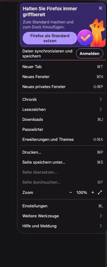 Firefox-Menü mit dem Eintrag „Einstellungen“