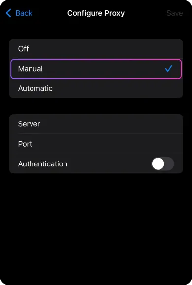 Pantalla Configure Proxy de iOS en inglés con Manual seleccionado y los campos Server y Port vacíos