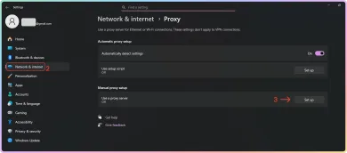Страница «Proxy» в параметрах Windows 11 на английском: блоки автоматической и ручной настройки, кнопки Set up