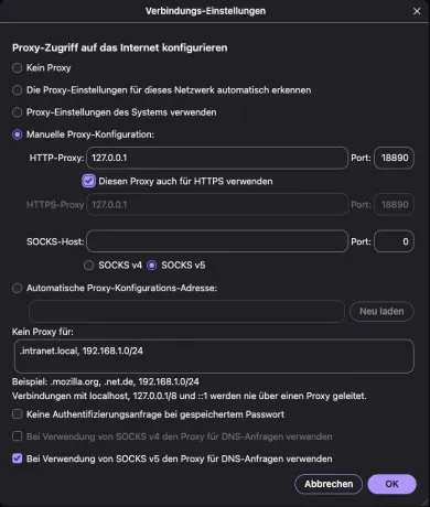 HTTP-Proxy mit Port und Haken „Diesen Proxy auch für HTTPS verwenden“