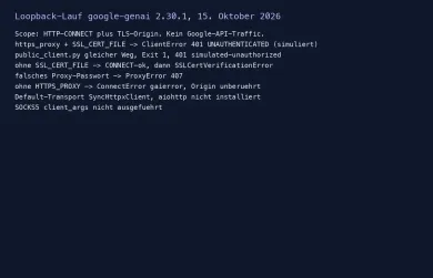 Aussagetabelle des Loopback-Laufs: 401 simuliert, TLS-Fehler, 407, fehlender Proxy
