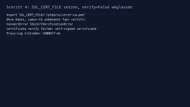 Ohne SSL_CERT_FILE: CONNECT-ok, danach SSLCertVerificationError gegen die Labor-CA