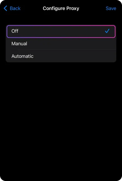 Pantalla Configure Proxy de iOS en inglés con la opción Off marcada