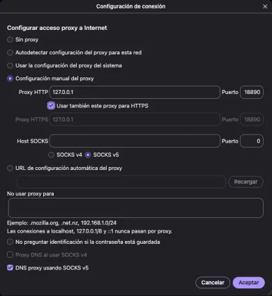 Proxy HTTP 127.0.0.1 en el puerto 18890 con Usar también este proxy para HTTPS marcado