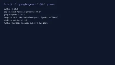 Installierte Runtime google-genai 2.30.1 mit httpx 0.28.1 und ohne aiohttp