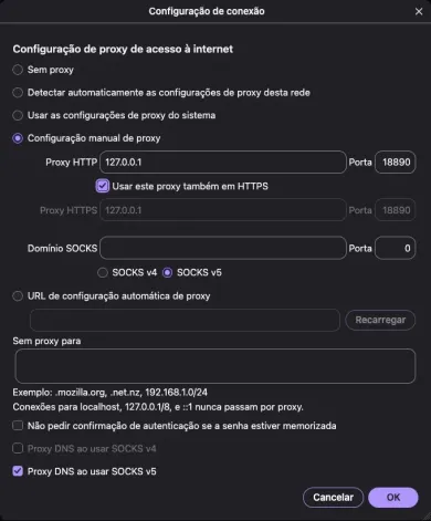 Configuração manual com Proxy HTTP e a opção Usar este proxy também em HTTPS marcada