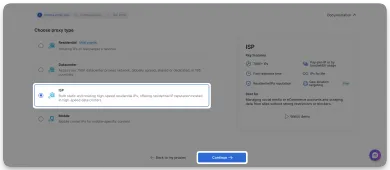 Schermata Choose proxy type di Bright Data con l'opzione ISP selezionata, descritta come IP residenziali sia statici sia a rotazione ospitati in data center, accanto a un pannello ISP key-features