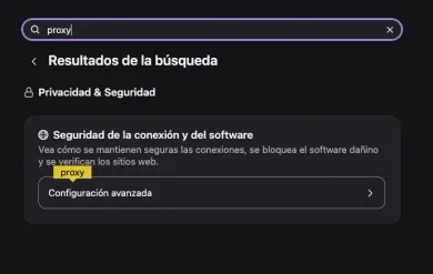 Resultado de buscar proxy en los ajustes de Firefox: Configuración avanzada en Seguridad de la conexión y del software