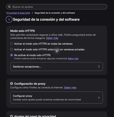 Bloque Configuración de proxy con el botón Configurar proxy