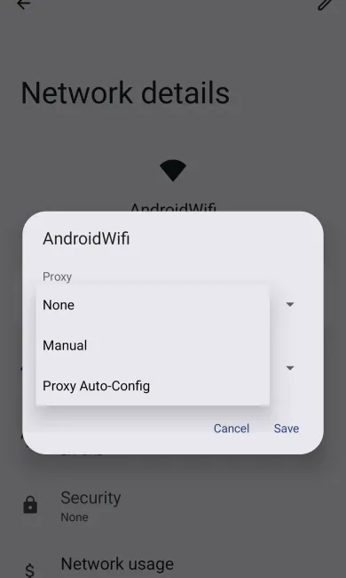 Меню Proxy: None, Manual, Proxy Auto-Config