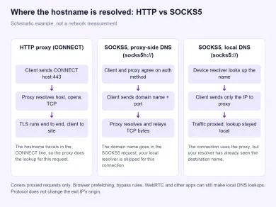 Schema che confronta un tunnel HTTP CONNECT, SOCKS5 con DNS lato proxy (socks5h) e SOCKS5 con DNS locale, mostrando dove viene risolto l'hostname in ciascun caso
