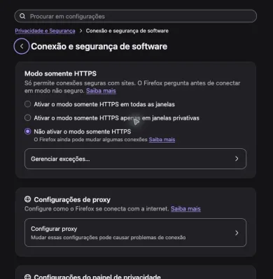 Página Conexão e segurança de software com o botão Configurar proxy