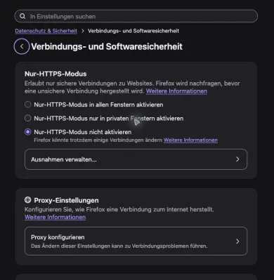 Abschnitt „Proxy-Einstellungen“ mit „Proxy konfigurieren“