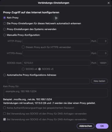 Verbindungs-Einstellungen mit gewähltem „Kein Proxy“