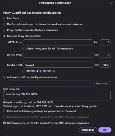 Feld „Kein Proxy für“ mit Domain und privatem Subnetz