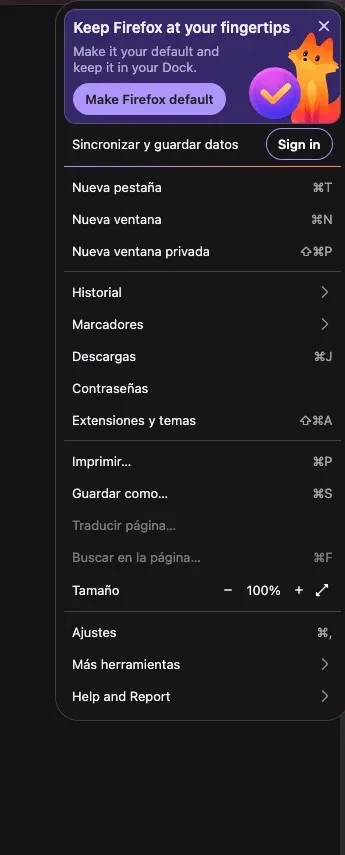 Menú principal de Firefox en español con la opción Ajustes